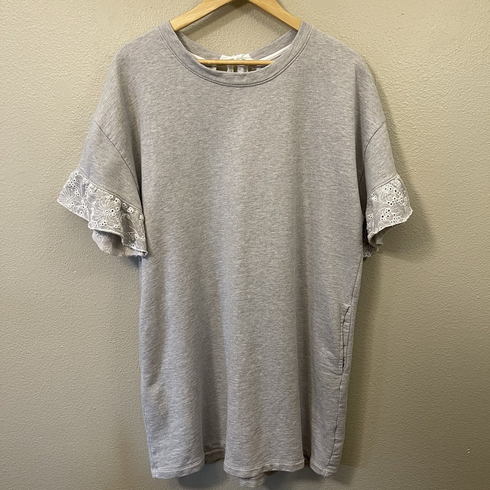 Sanctuary ?? Gray Sweatshirt Dress Embroidered Ruffle Sleeves Pockets L-XL READ